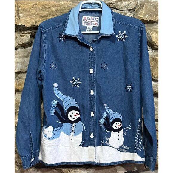 Tantrums Jackets & Blazers - Women’s Vintage 90s Tantrums Denim Jean Jacket Snowman Winter Holiday Size Mediu